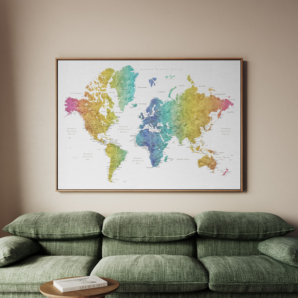 Canvastavla Jude world map in Spanish - Tavla - 100x70