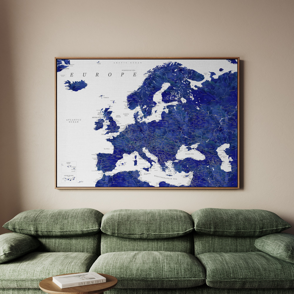 Canvastavla Navy blue detailed map of Europe - Tavla - 70x50