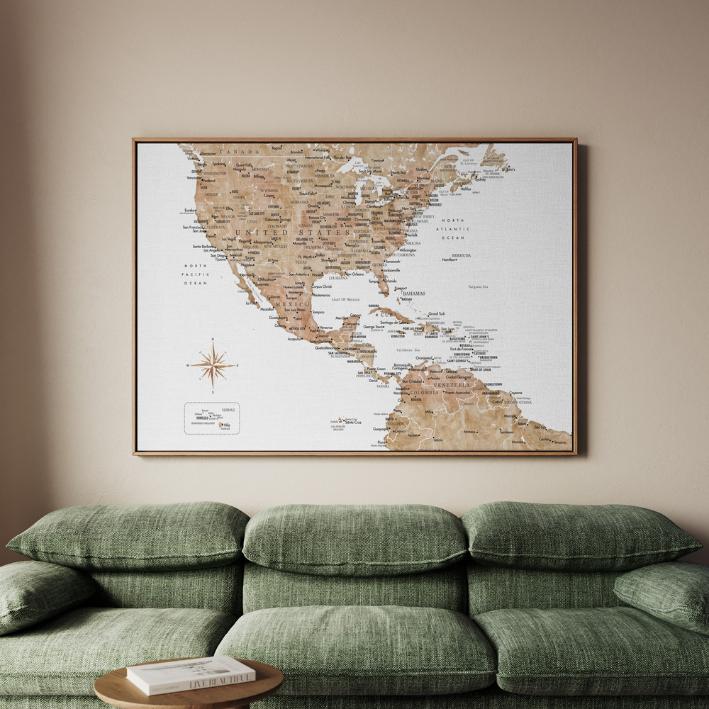 Canvastavla Neutral USA and the Caribbean sea map - Tavla - 70x50