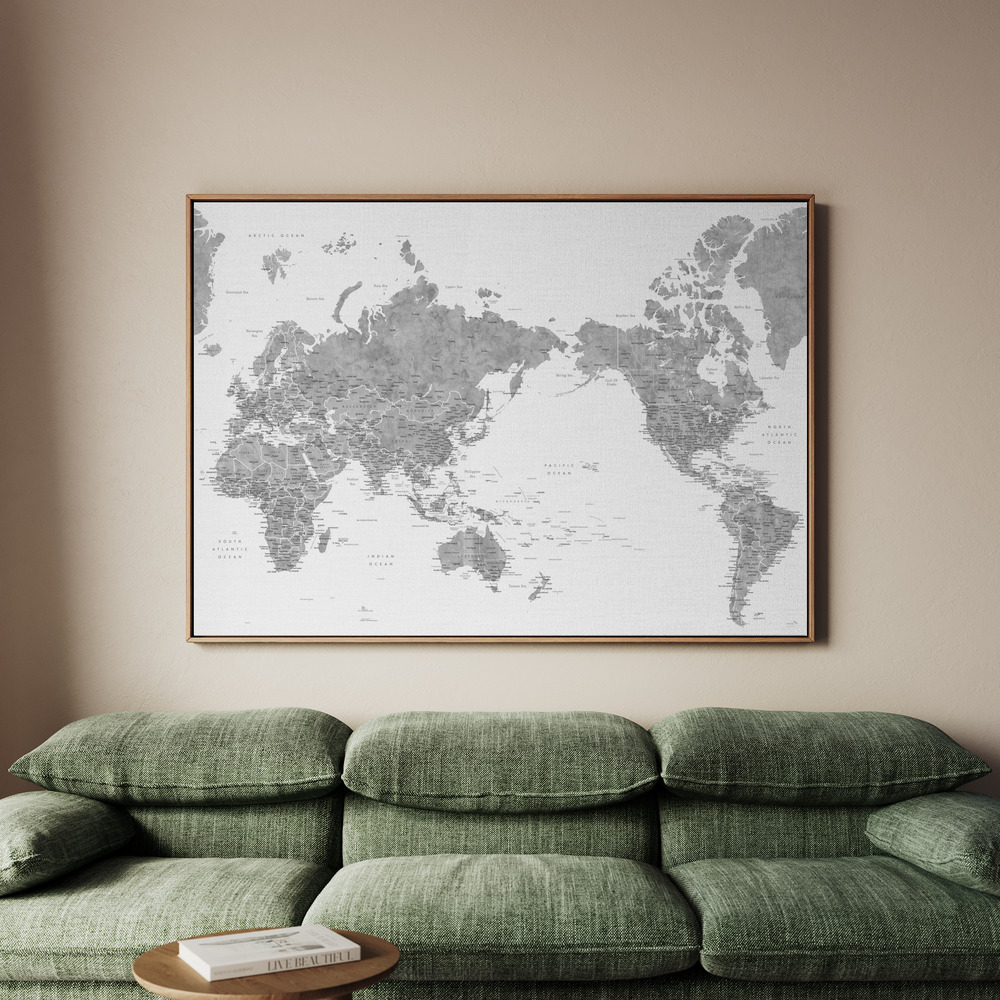 Canvastavla Pacific centered world map in gray watercolor - Tavla - 70x50