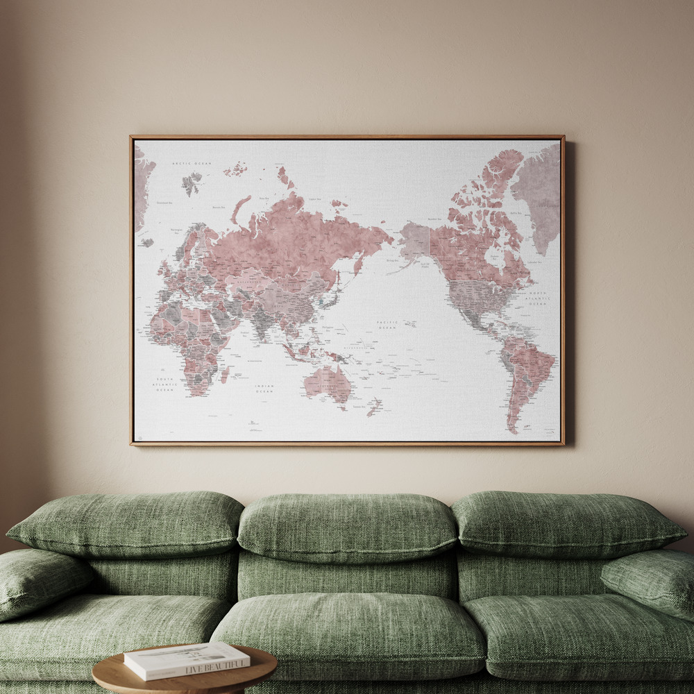 Canvastavla Pacific centered world map in dusty pink - Tavla - 70x50