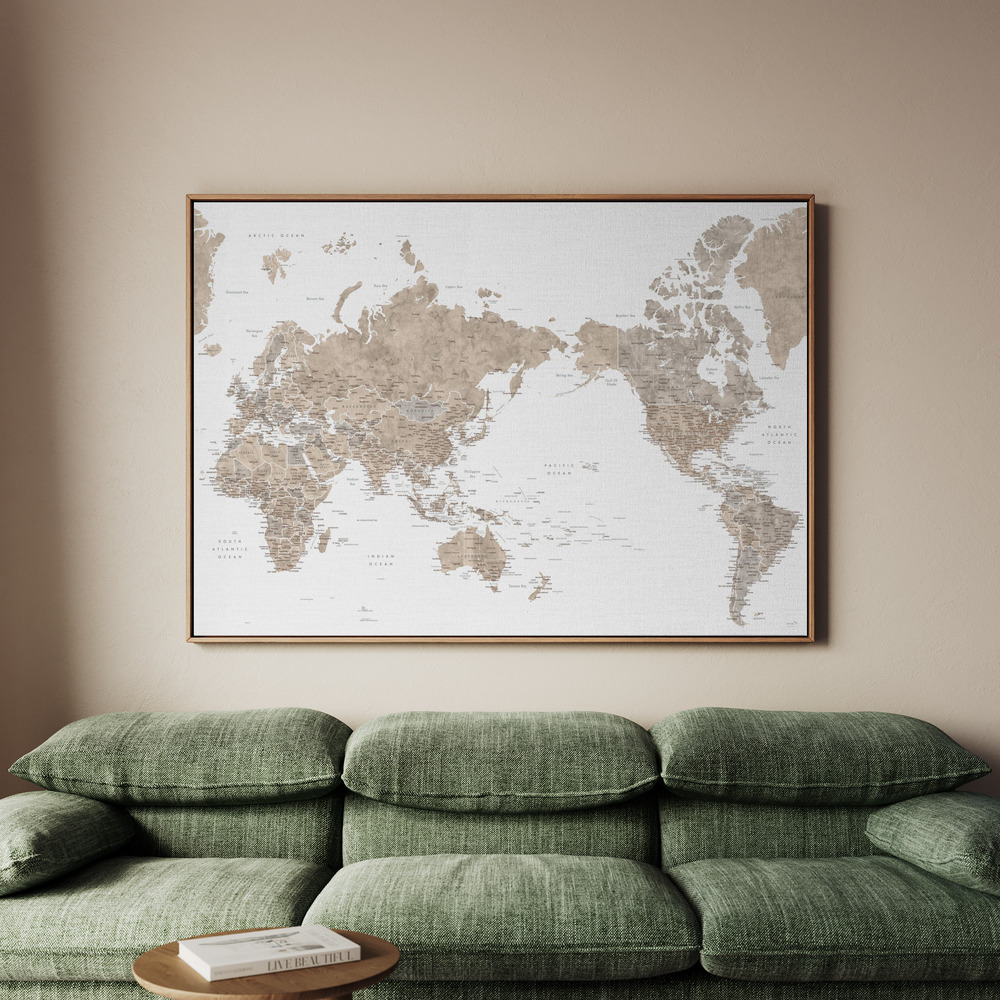 Canvastavla Pacific centered world map in taupe - Tavla - 70x50
