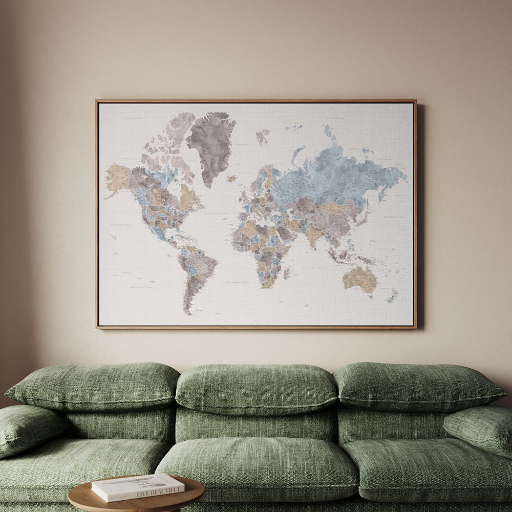 Canvastavla Mahler highly detailed world map with cities - Tavla - 100x70