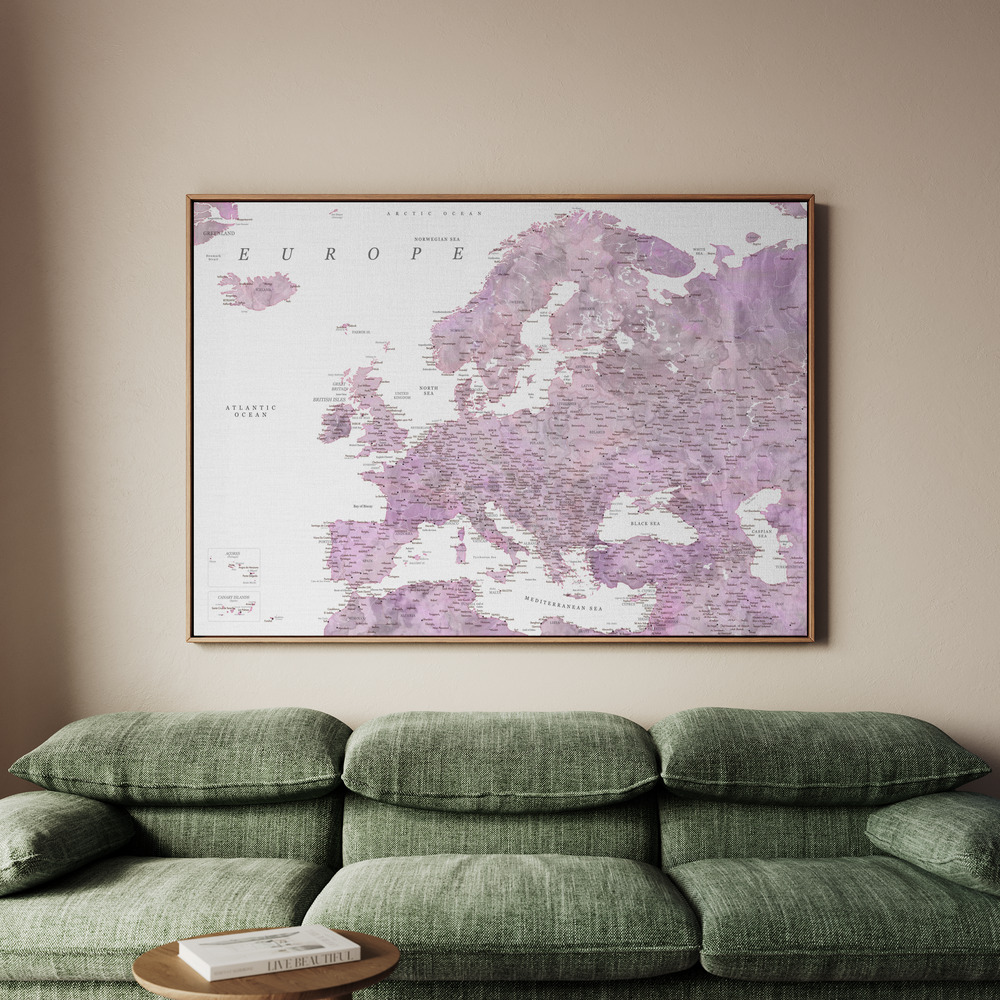 Canvastavla Purple detailed map of Europe - Tavla - 70x50