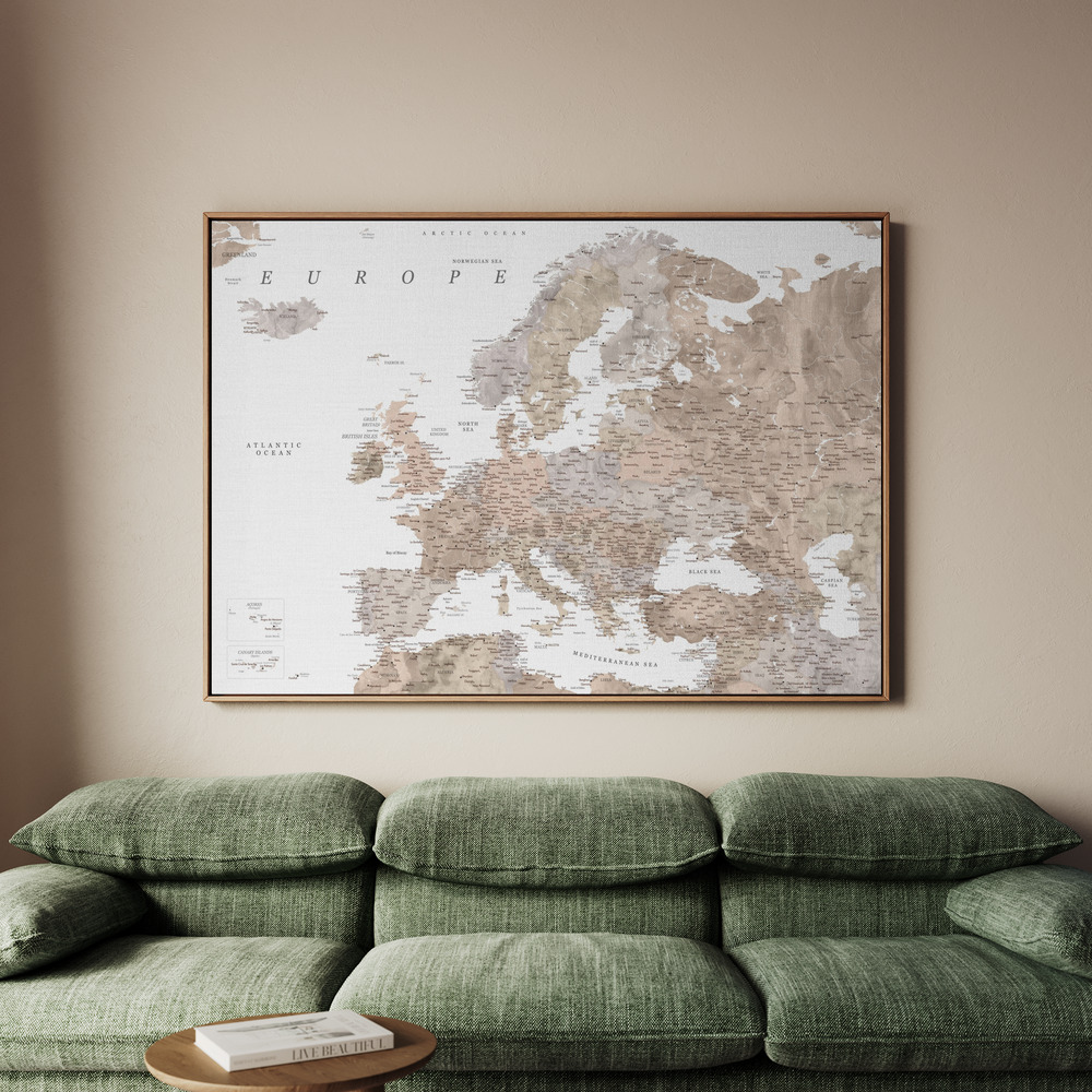 Canvastavla Taupe detailed map of Europe - Tavla - 100x70