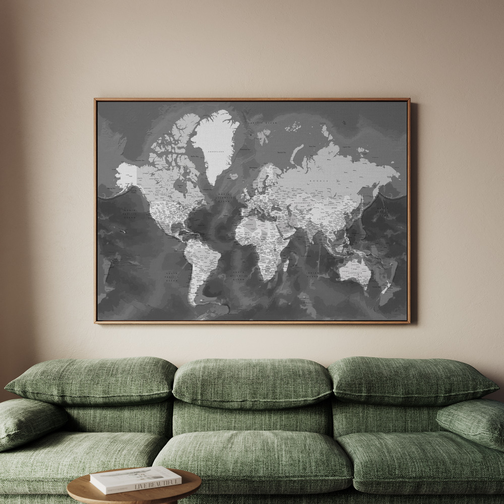 Canvastavla Detailed Grayscale World Map - Tavla - 150x100