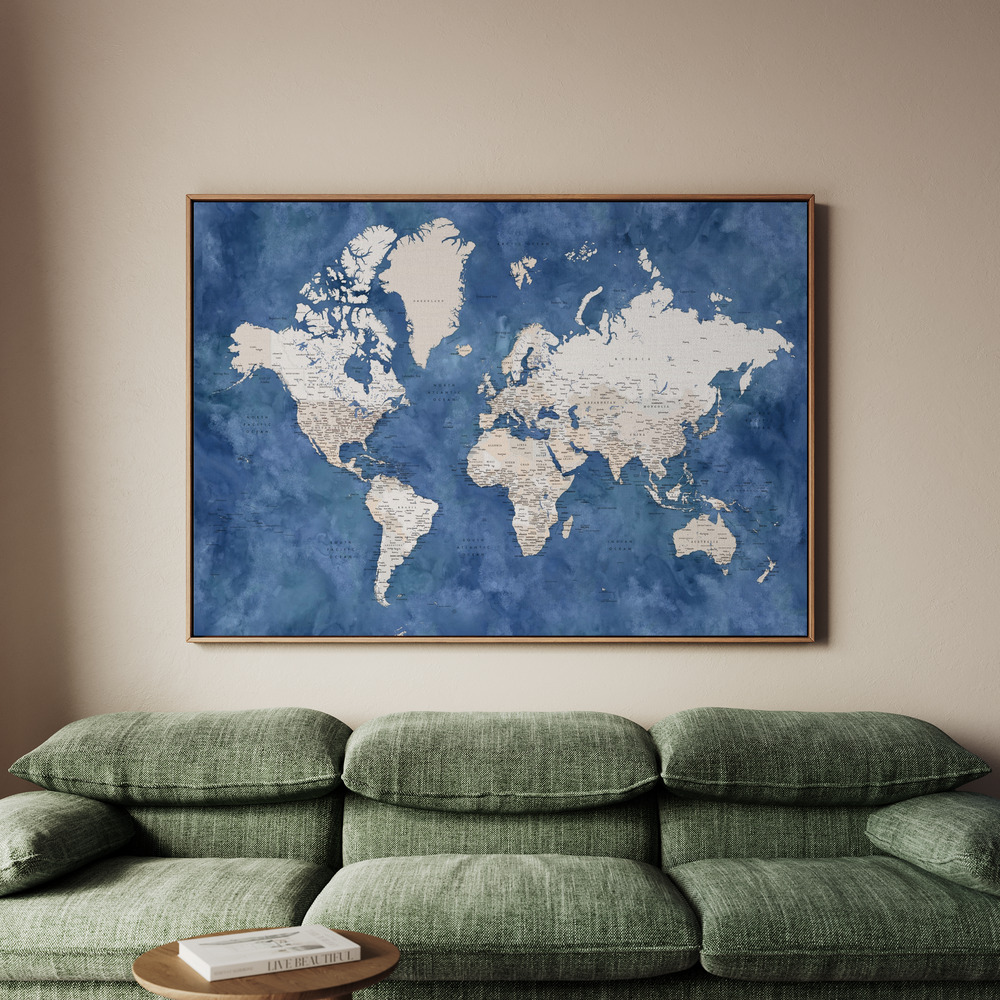 Canvastavla Textured Blue World Map - Tavla - 150x100