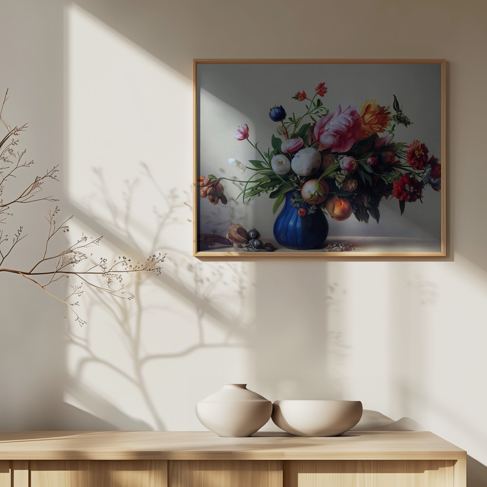 Affiche - Flower Bouquet With Blue Vase au-dessus de l'armoire