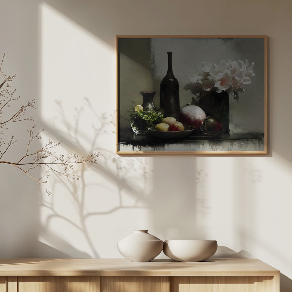 Poster - Stilllife With Black Bottle over cabinet