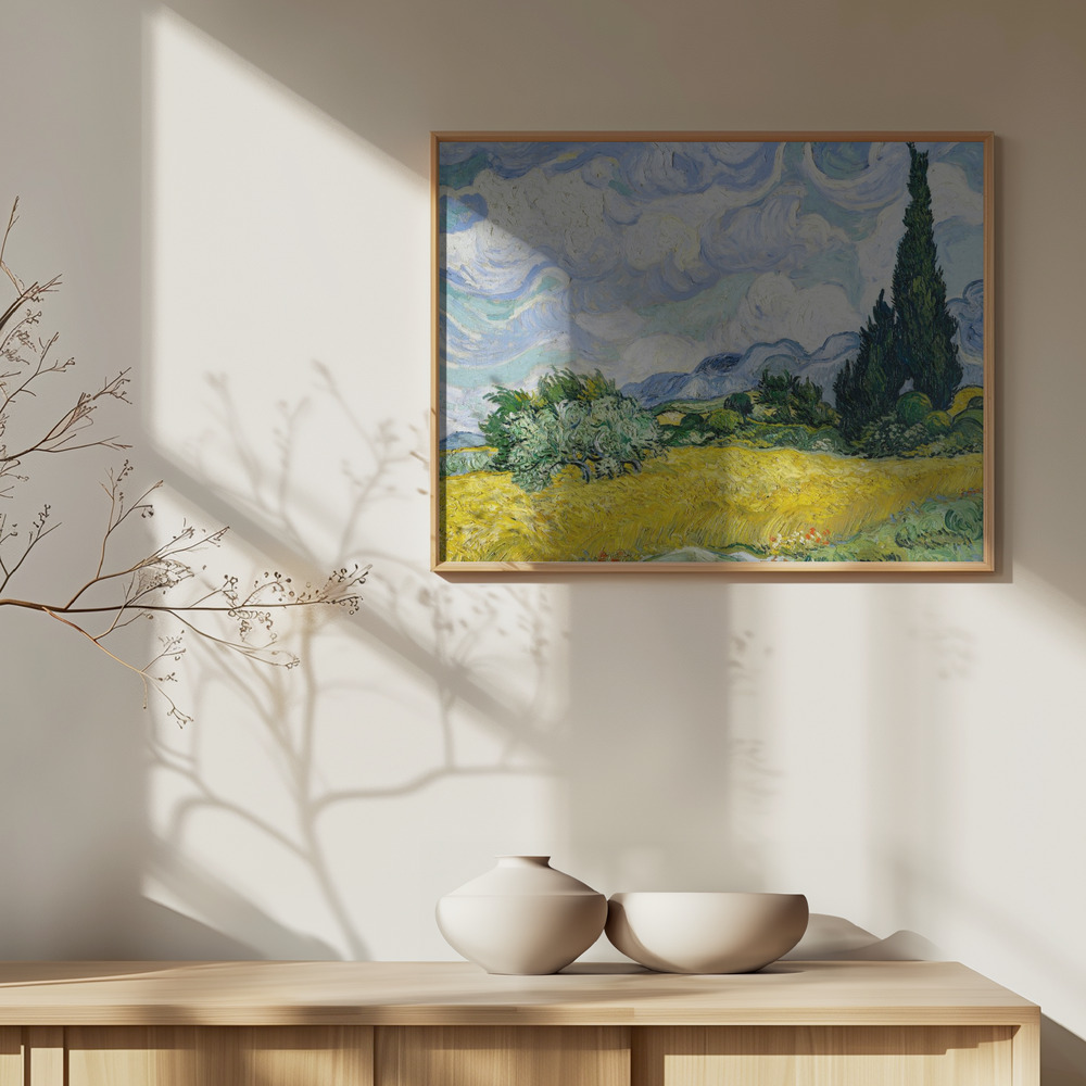 Poster - Wheat Field With Cypresses over cabinet