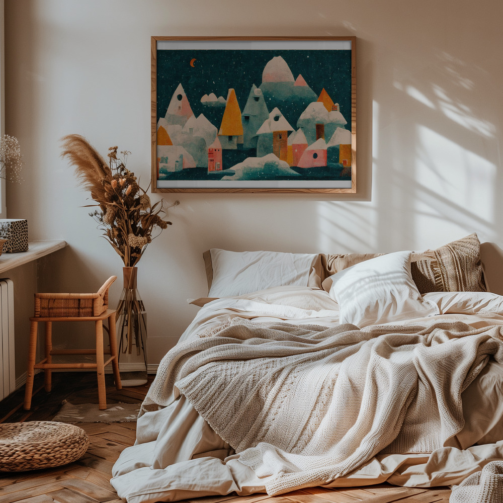 Poster - Little Village With Moon im Schlafzimmer
