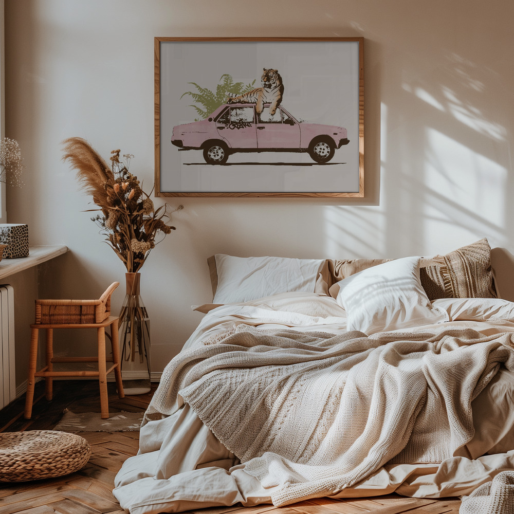 Poster - Tiger On Car in slaapkamer