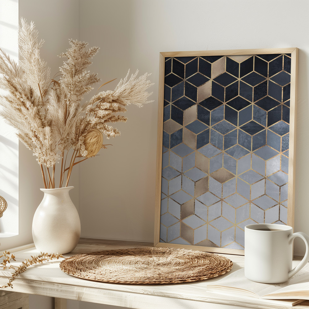 Poster - Soft Blue Gradient Cubes op tafel