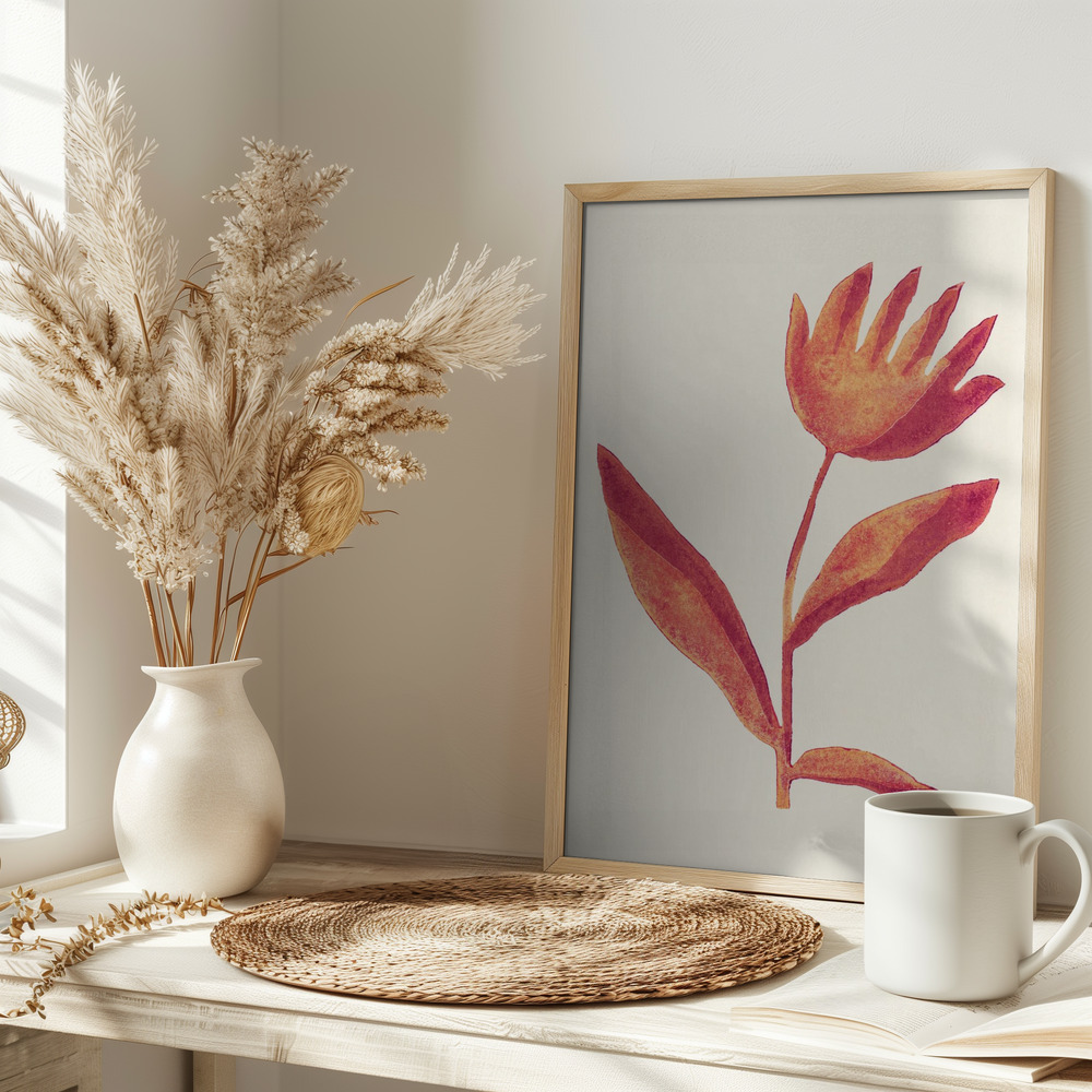 Poster - Linocut Flower / Viva Magenta op tafel