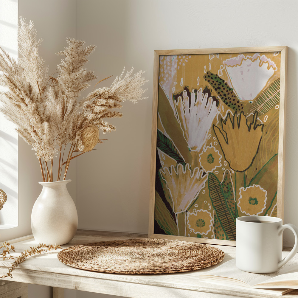 Poster Magic Wildflowers / Yellow & Green - Affisch på bordet