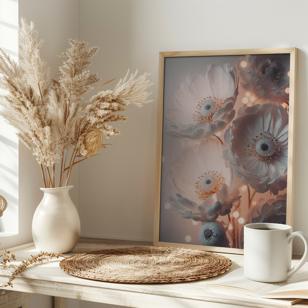 Poster - Glowing Patel Pink Flowers on table