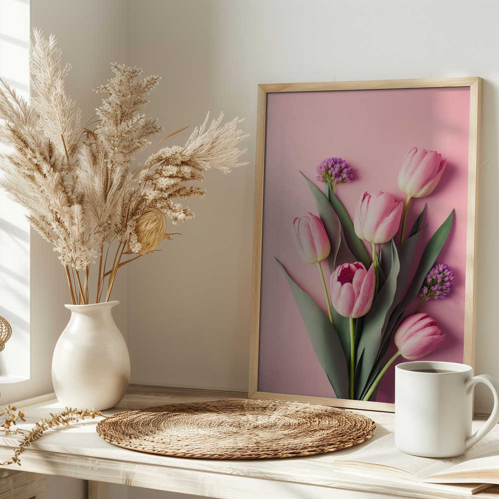 Plakat - Pink Tulips na stole