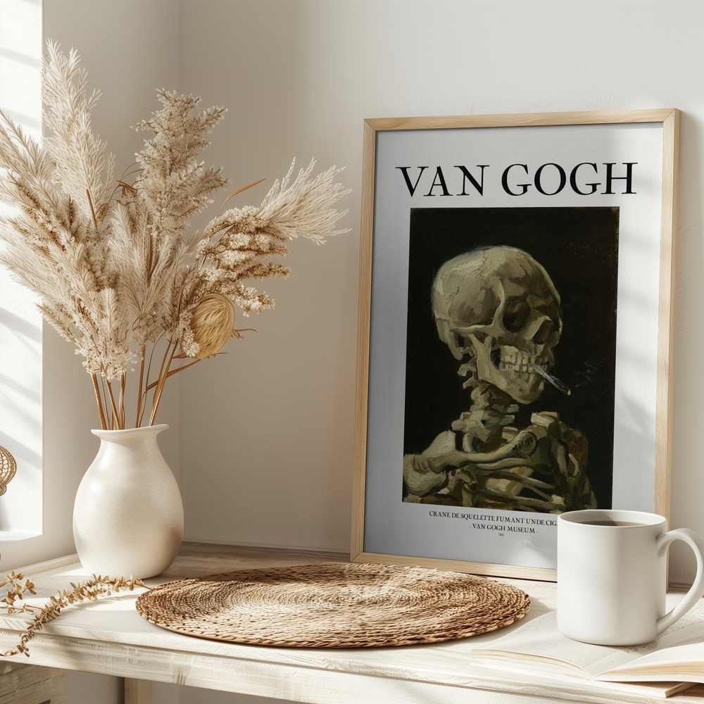 Poster - Head of a skeleton with a burning cigarette on table