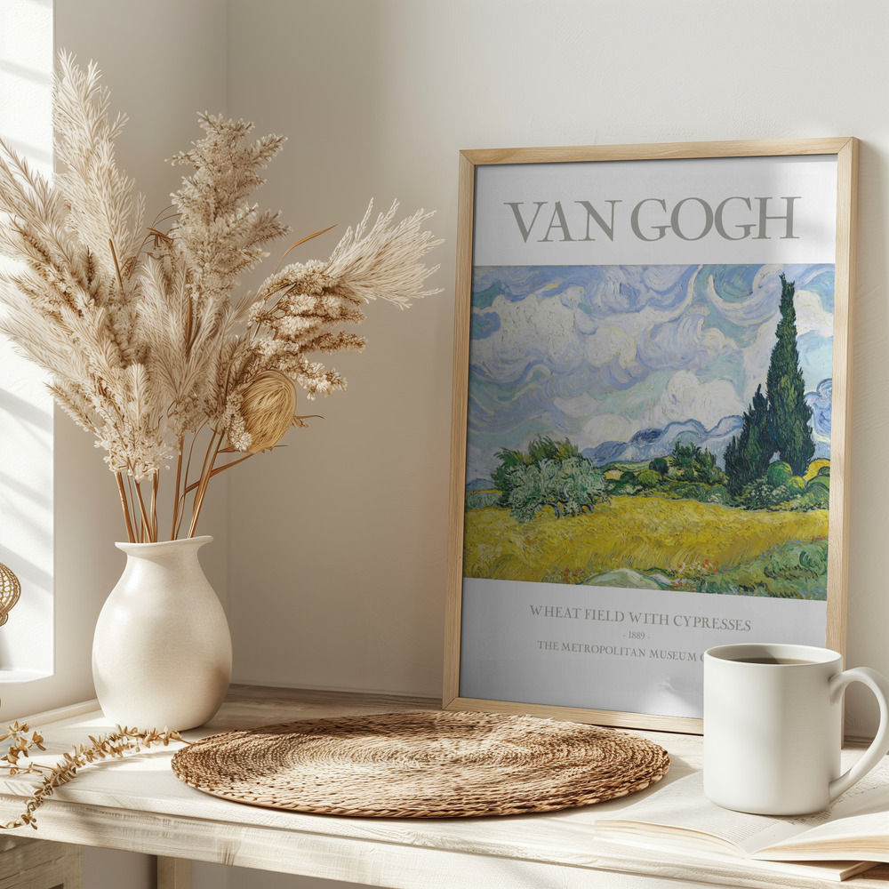 Poster - Wheat Field With Cypresses on table