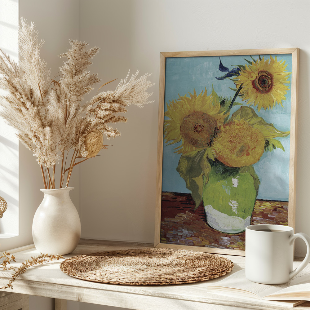 Poster - Vase With Three Sunflowers on table