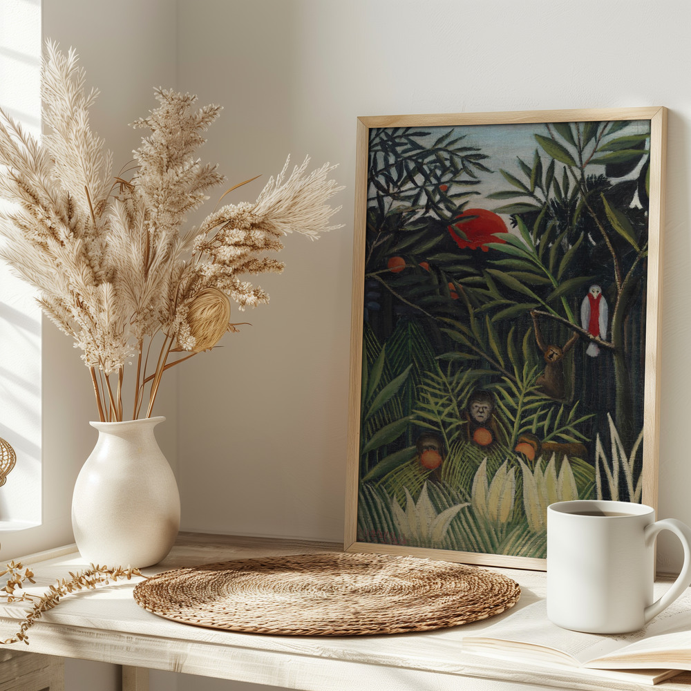 Poster Monkeys And Parrot In The Virgin Forest - Affisch på bordet