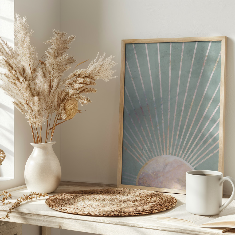 Plakat - Sage Green Boho Sun na stole