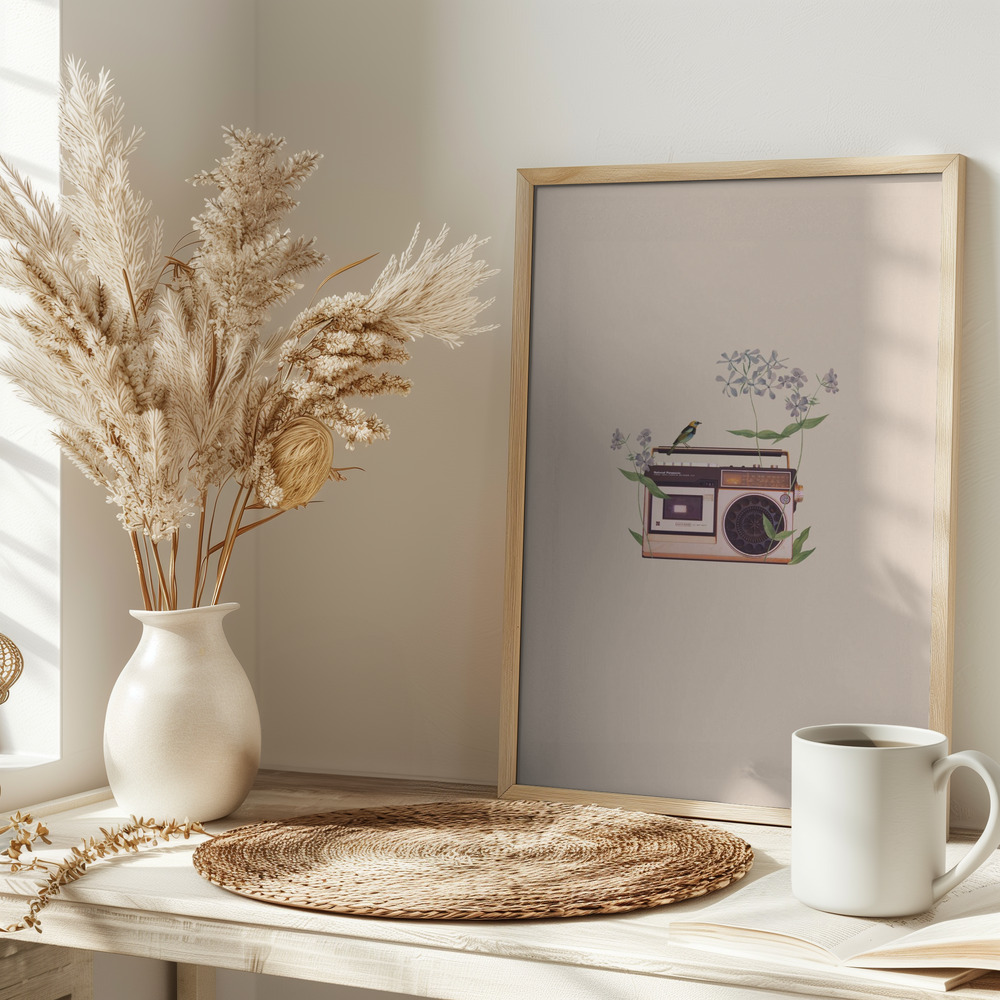 Poster - Floral vintage radio op tafel
