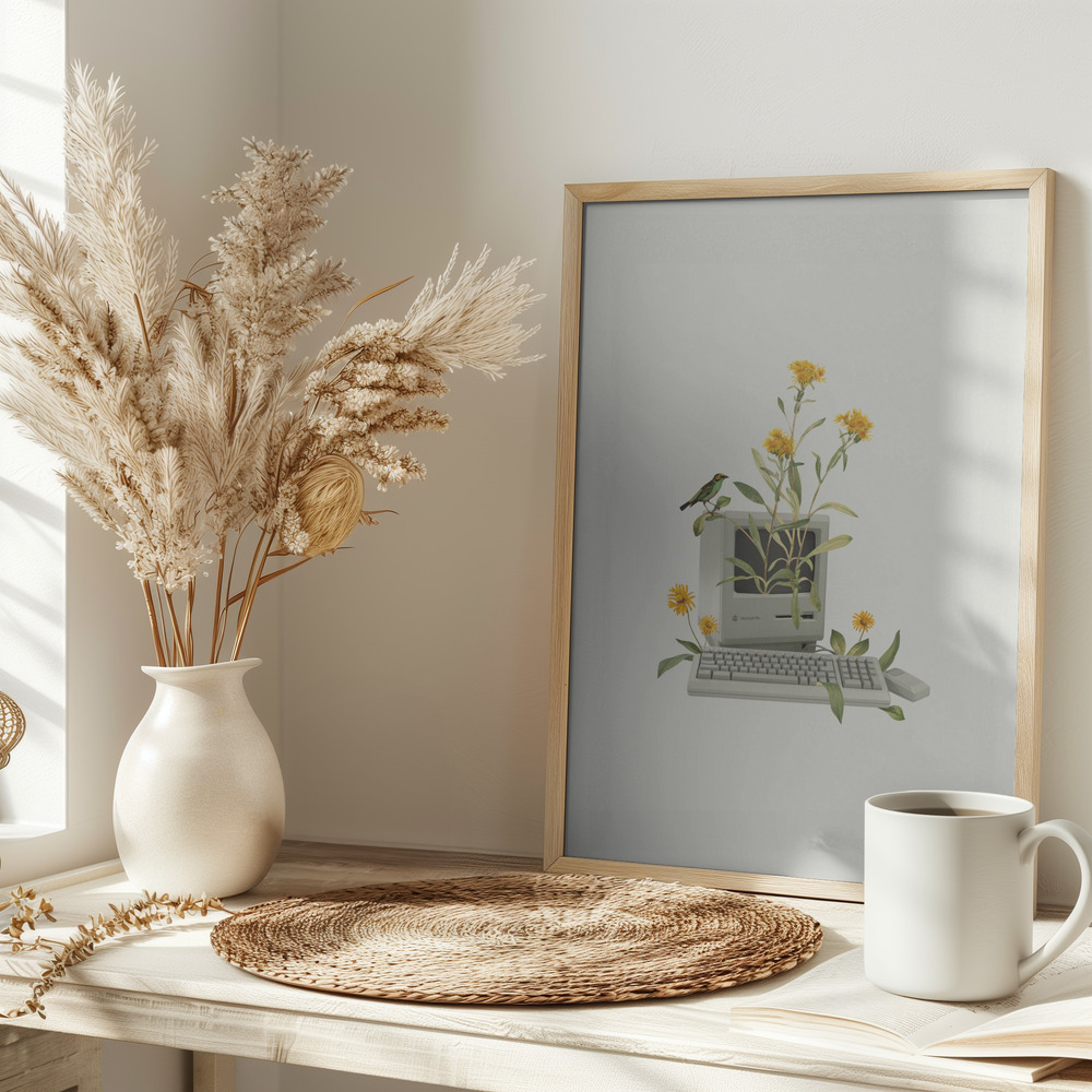 Plakat - Floral vintage computer på bordet