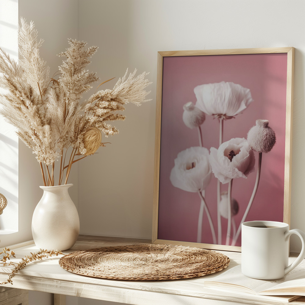 Poster - White Poppy On Pink Background on table