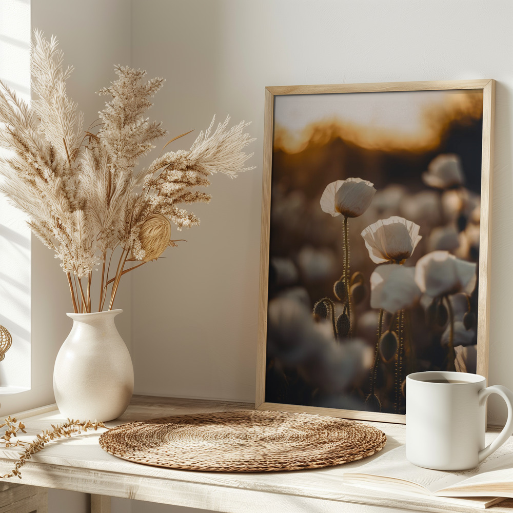 Poster - White Poppy Field No 2 on table