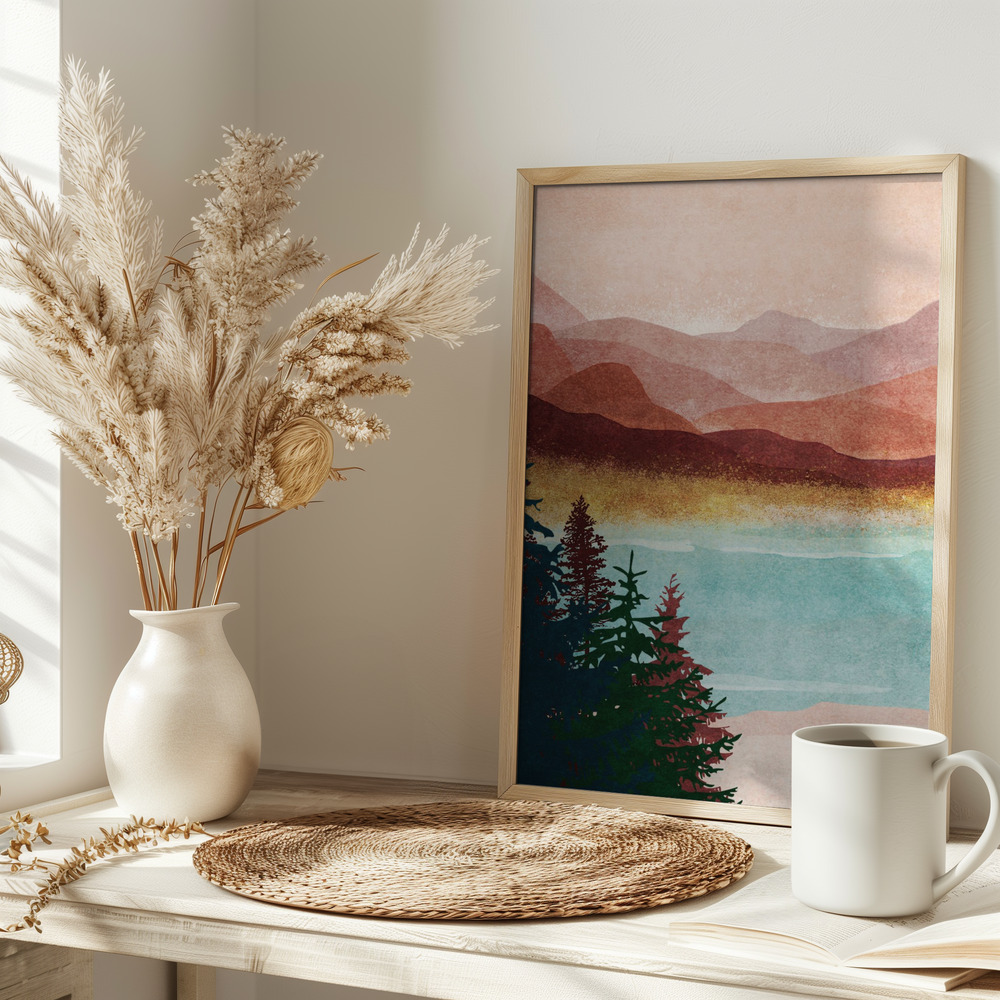 Poster - Misty Mountain Glow op tafel