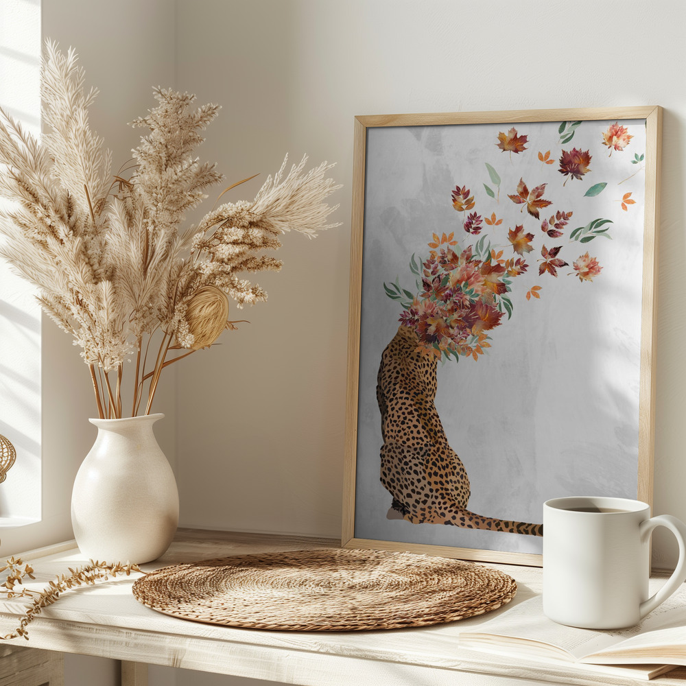 Poster - Cheetah Autumn Leaves Head on table