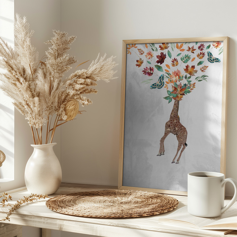 Plakat - Giraffe Autumn Leaves Head på bordet