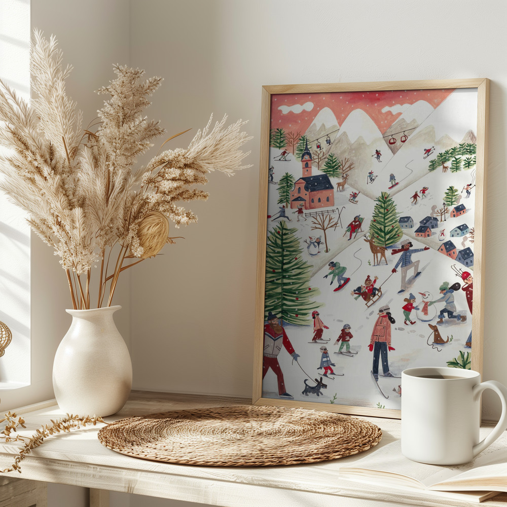 Poster - Mountain landscape with houses in the snow op tafel