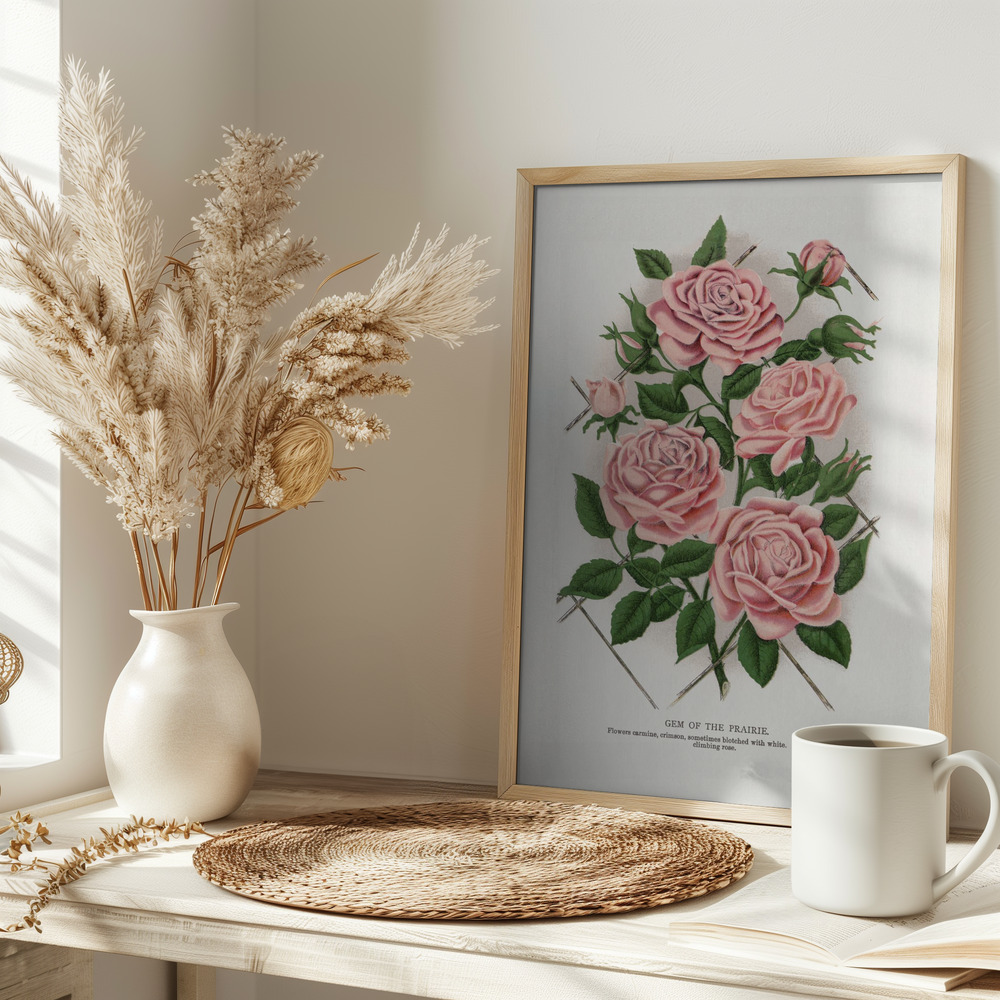 Juliste - Pink Rose, Gem of the Prairie Lithograph pöydällä