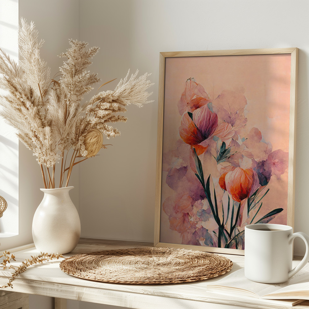 Poster Abstract Coral Flowers (Peach) - Affisch på bordet