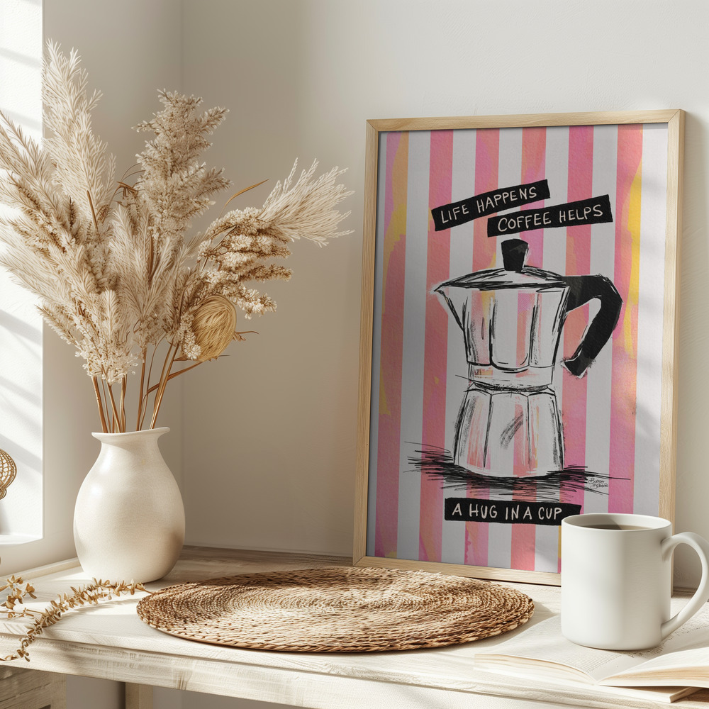Poster Mocca Coffee on Stripes - Hug in a Cup - Affisch på bordet