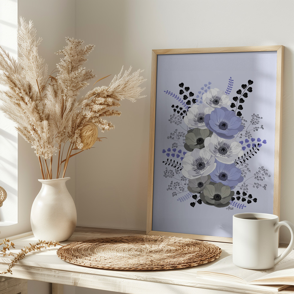 Juliste - Anemones Floral Bouquet Blue pöydällä