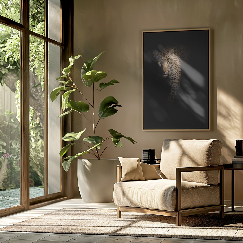 Canvas schilderi - Leopard - Out of the darkness in de woonkamer