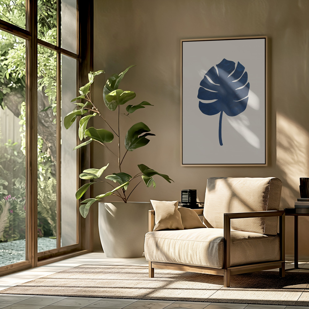 Lærred - Monstera Marble Blue i stuen