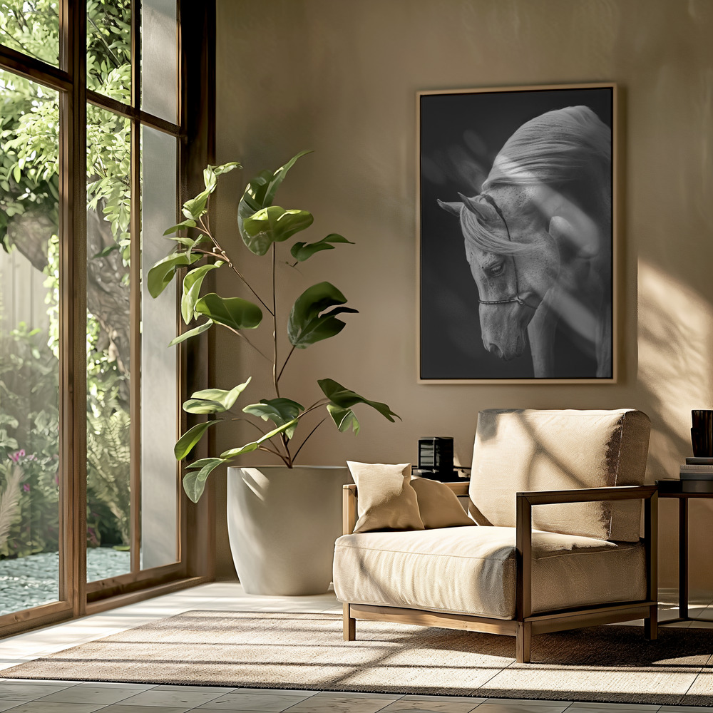 Canvas schilderi - White stallion in de woonkamer