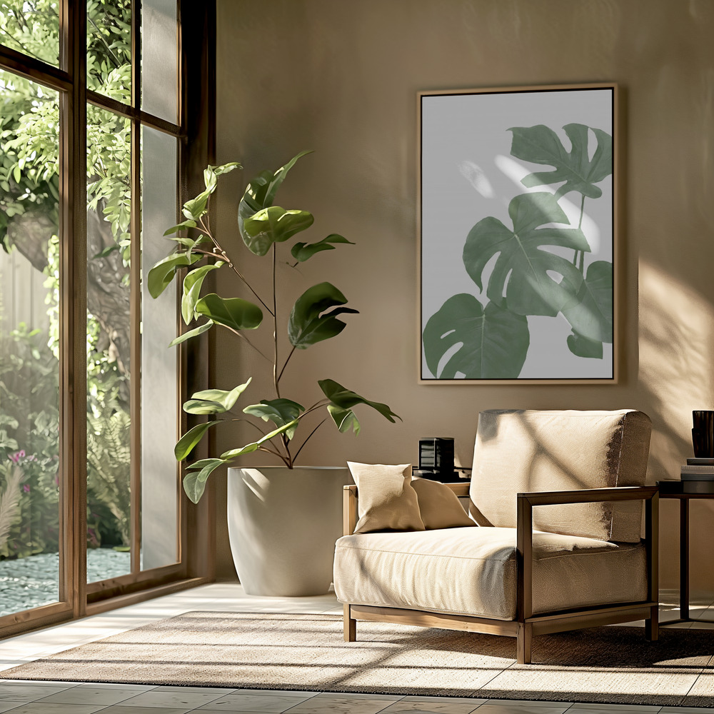 Canvas taulu - Monstera Aqua 03 olohuoneessa