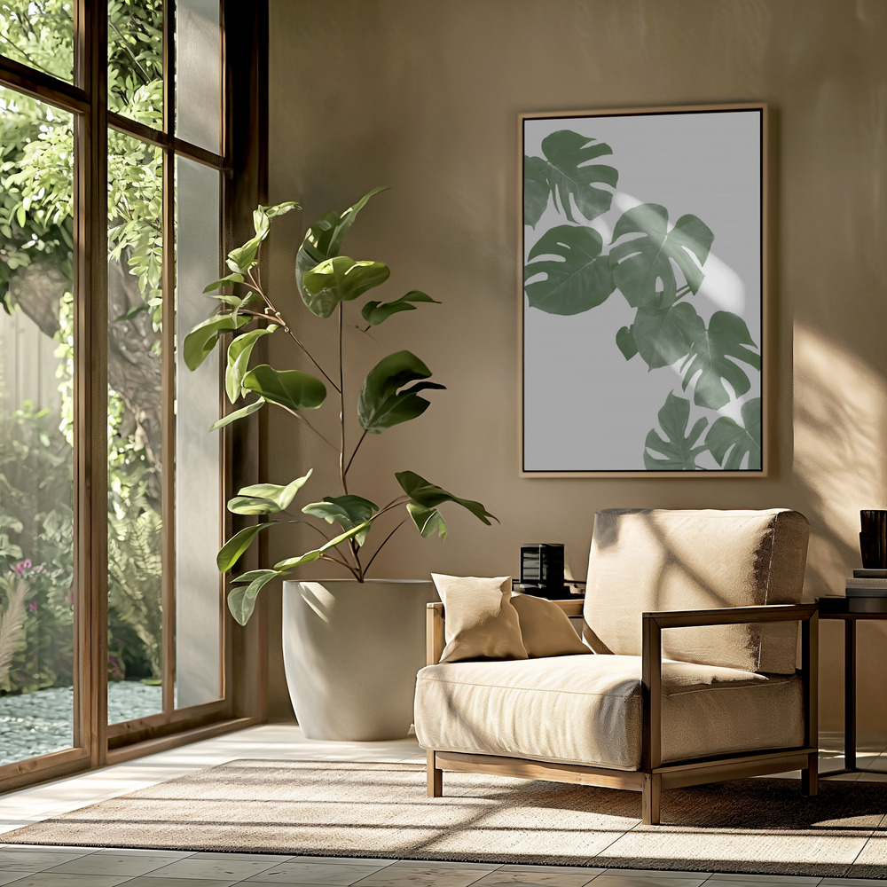 Canvas schilderi - Monstera Aqua 02 in de woonkamer