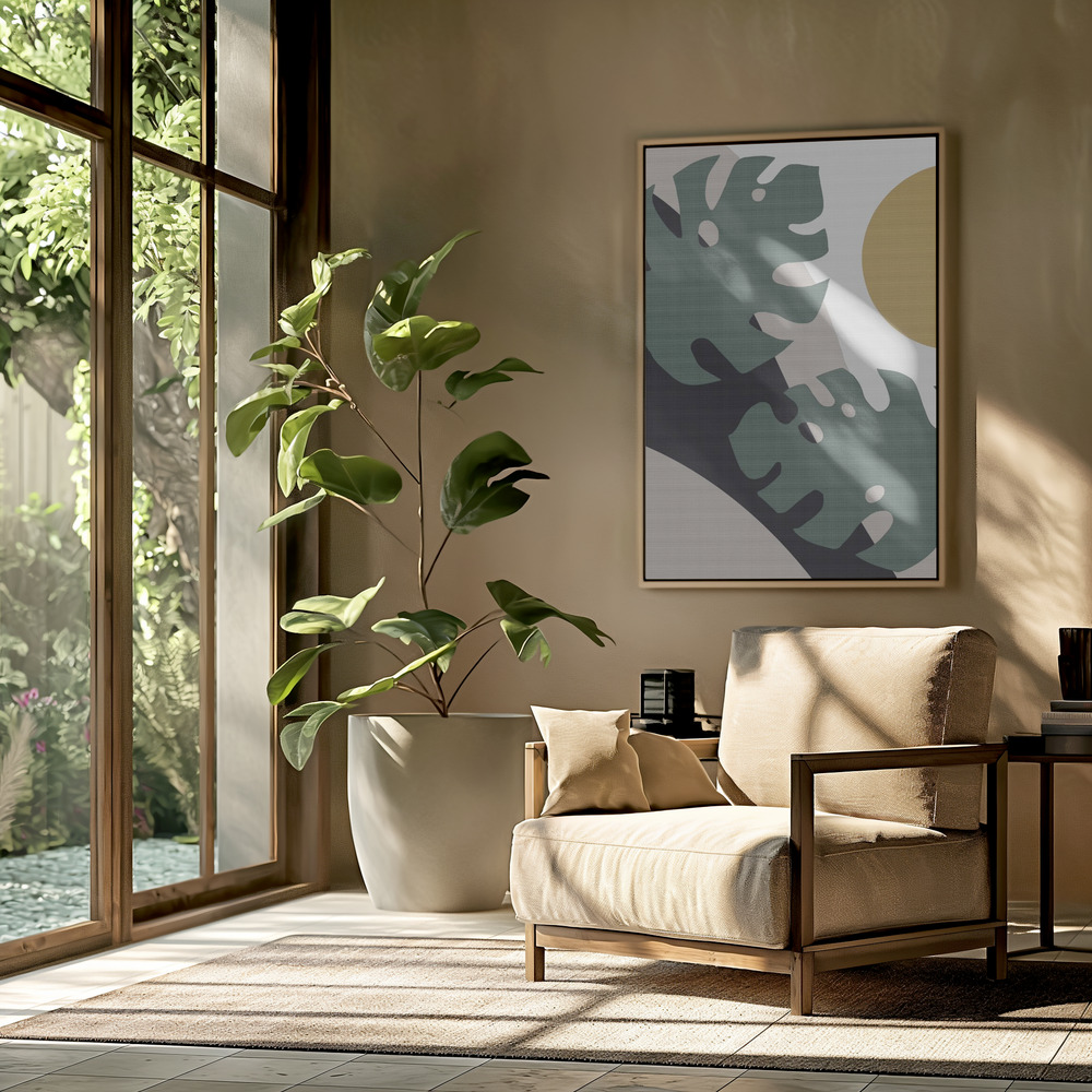 Canvas schilderi - Monstera Cut Out 01 in de woonkamer