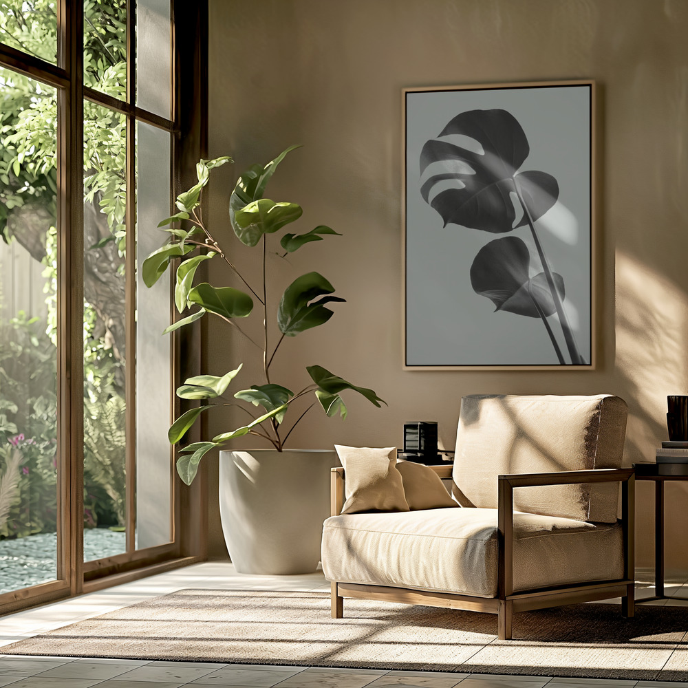 Canvas schilderi - Monstera Teal 01 in de woonkamer