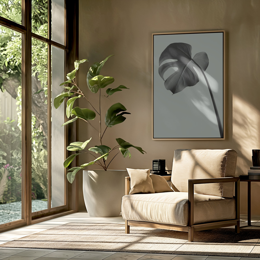 Canvas schilderi - Monstera Teal 02 in de woonkamer