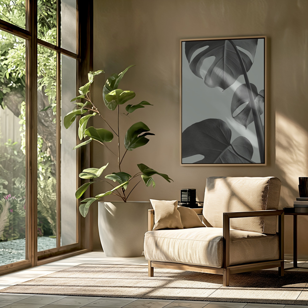Canvas schilderi - Monstera Teal 03 in de woonkamer