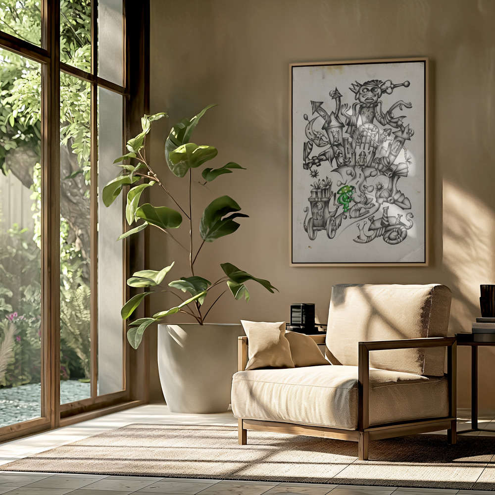 Canvas schilderi - A gray mushroom cabbie No. 2 in de woonkamer