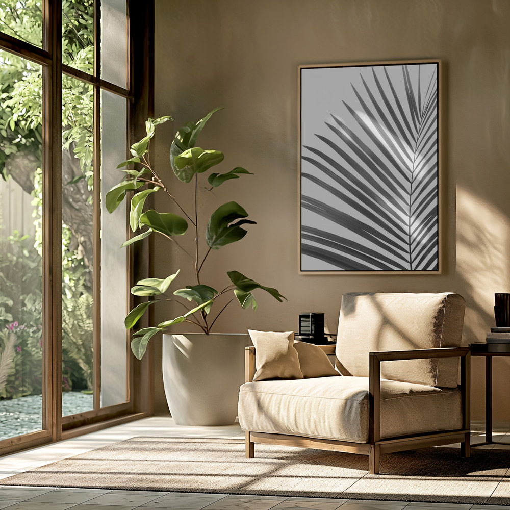 Canvas schilderi - BW Palm Leaf in de woonkamer