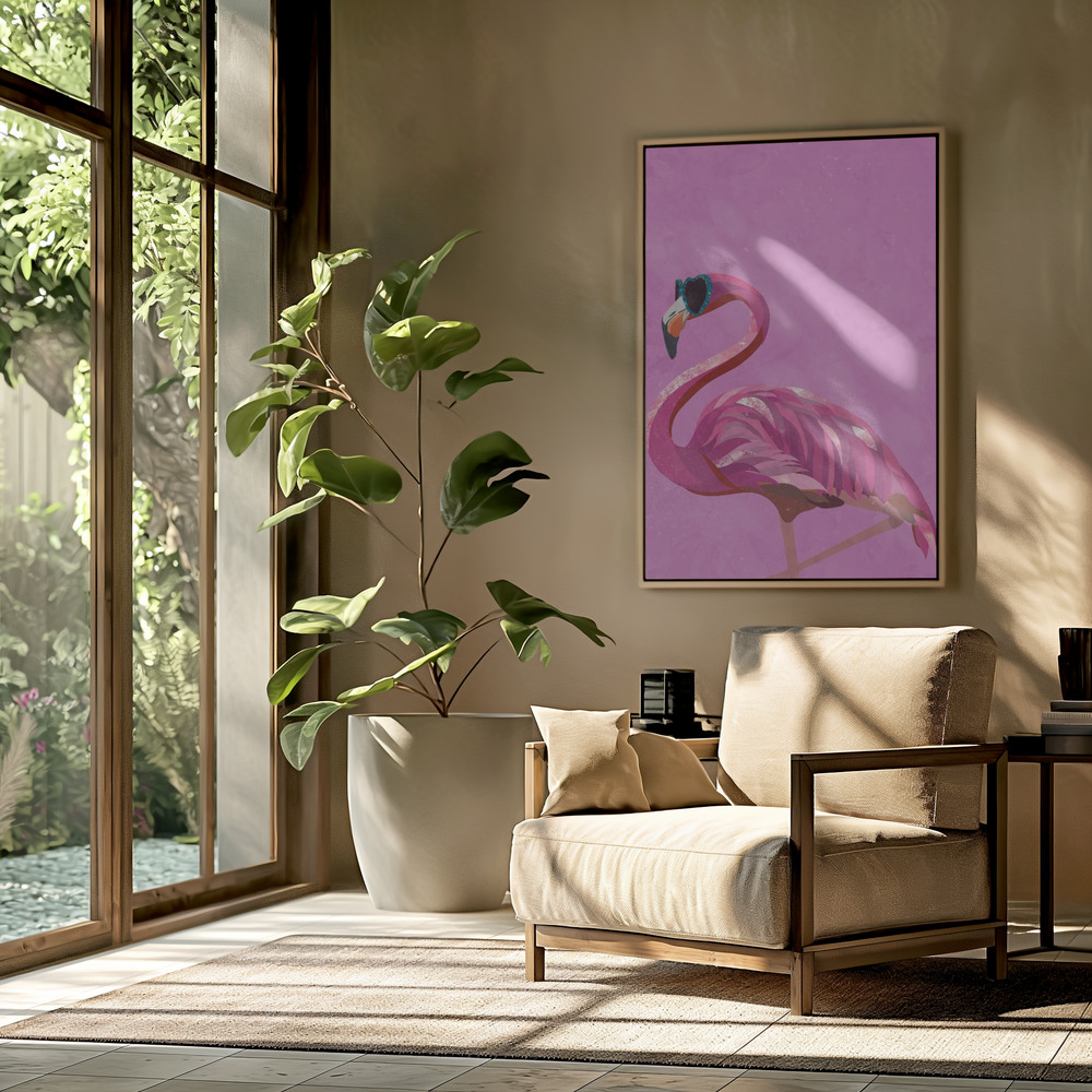 Leinwandbild - Magenta Metallic Flamingo in der Wohnstube
